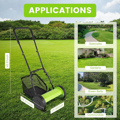 12 Inch Manual Push Reel Lawn Mower with Adjustable Mowing Height, 5 Blades and Collection Bag, Push Lawn Sweeper Grass Catcher Outdoor Power Tools for Picking up Leaves,Grass and Debris on Lawns