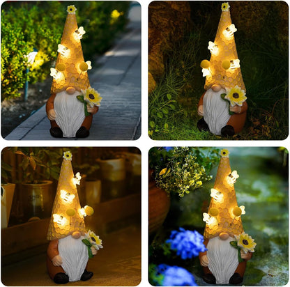 pearlstar Garden Gnome Statues Bee Solar Light 10.2" Tall Large Resin Figurine Outdoor Funny Home Yard Patio Decoration Fall Thanksgiving