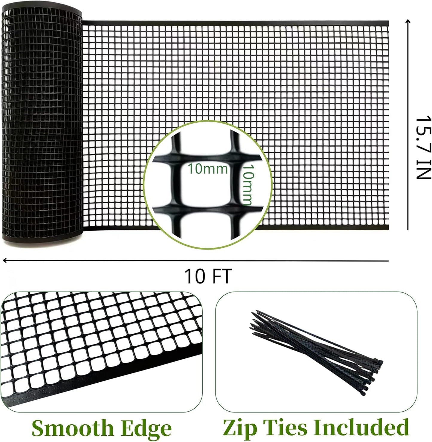PotatoLife Plastic Wire Mesh Fence, Balcony Fence for Baby and Pets, Safety Fence, Stair Protector, Poultry, Garden, Tree Support, Durable Material, Free Zip Ties (Black, 15.7'' x 10')