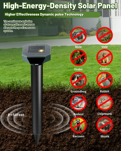 Snake & Mole & Skunk & Rabbit Repellent Solar Powered, Ultrasonic Deterrent, IP65 Waterproof, to Get Rid of Gopher, Groundhog, Rodent, Chipmunk, Raccoon, and Vole for Lawn & Garden, 4 Pack