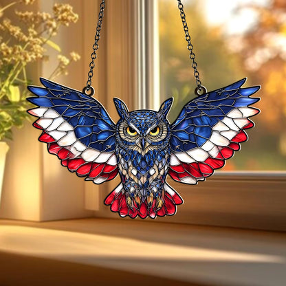 American Flag Owl Suncatcher – Acrylic Suncatcher Window Hanging – Patriotic Owl Decor for Home, Garden, Office – 4th of July Gifts – Bird Ornament for USA Lovers, Veterans, Nature Fans (Sun-47)