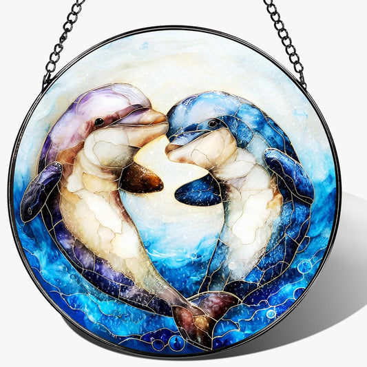 Stained Glass Window Hanging, 8 Inch Dolphin Sun Catcher Decor, Stained Glass Ornament, Suncatchers