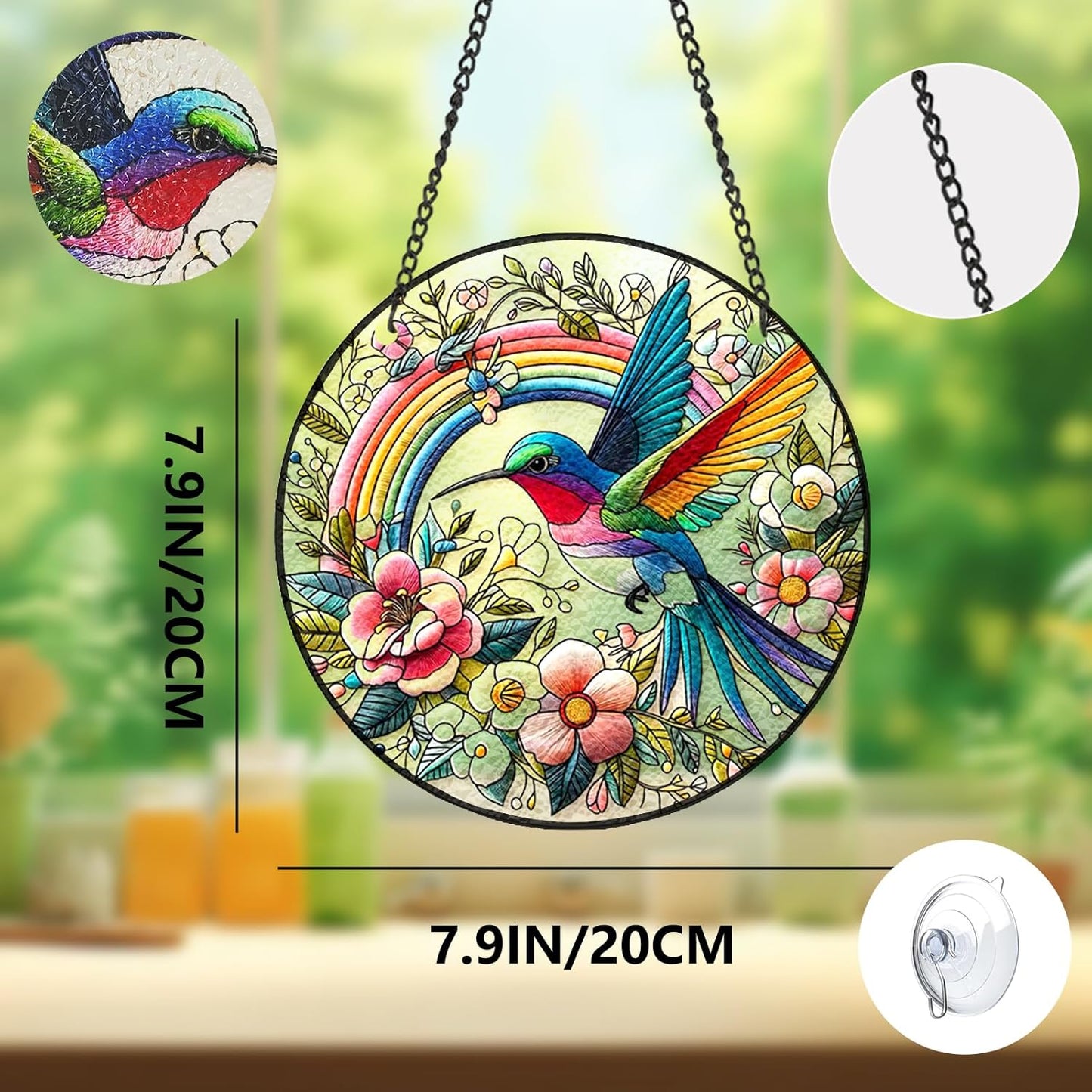 Hummingbird Suncatcher Stained Glass Window Hanging Original Design of 7.8''Hummingbirds Rainbow Flowers for Sun Catchers Indoor Wall Art Home Decor Gift Painted Glass Panel