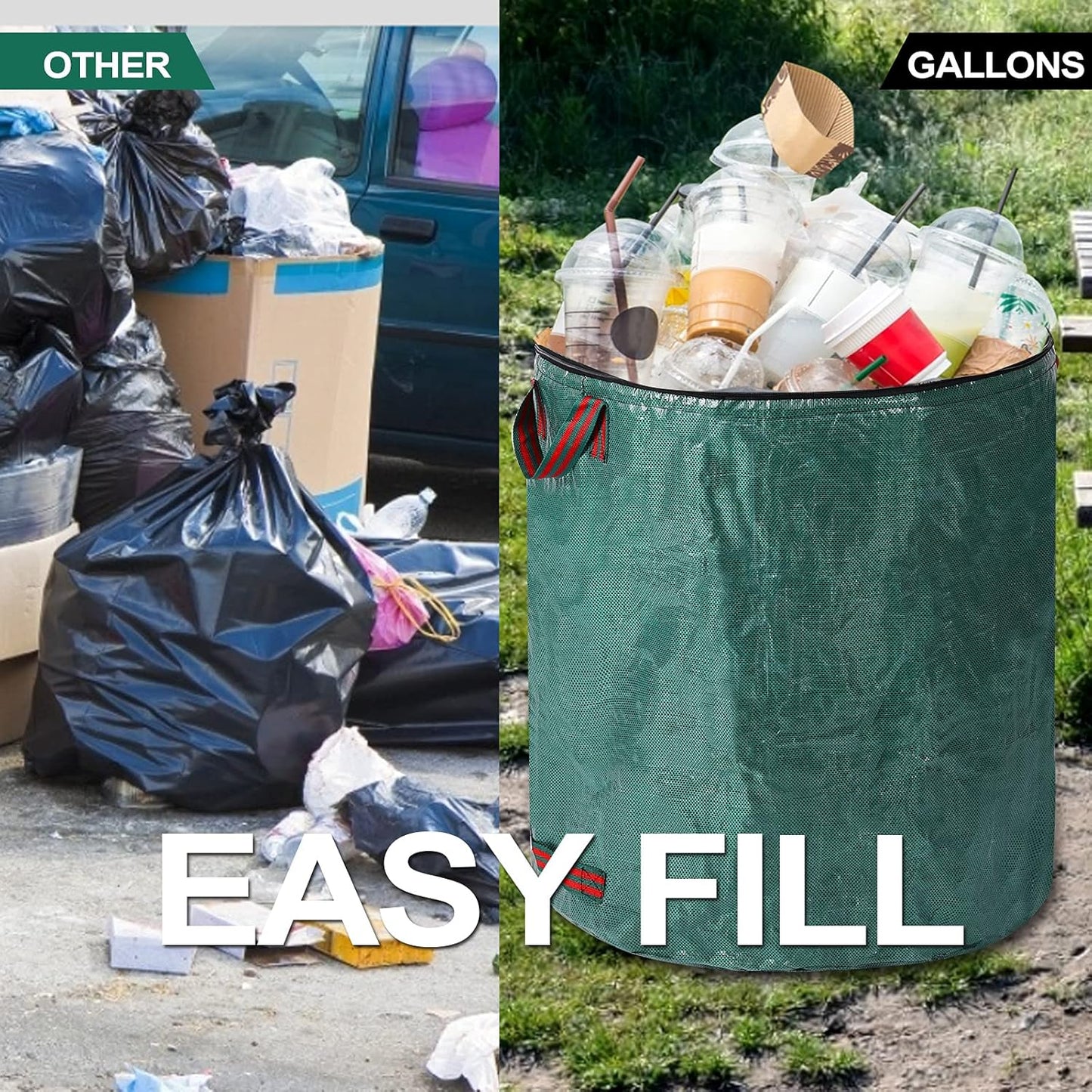 3 Pack 132 Gallons Reusable Yard Waste Bags with Double Bottom and Zipper Lid Extra Large Lawn and Leaf Bags Heavy Duty With 4 Handles Garden waste Bags Container for Debris Grass Clipping