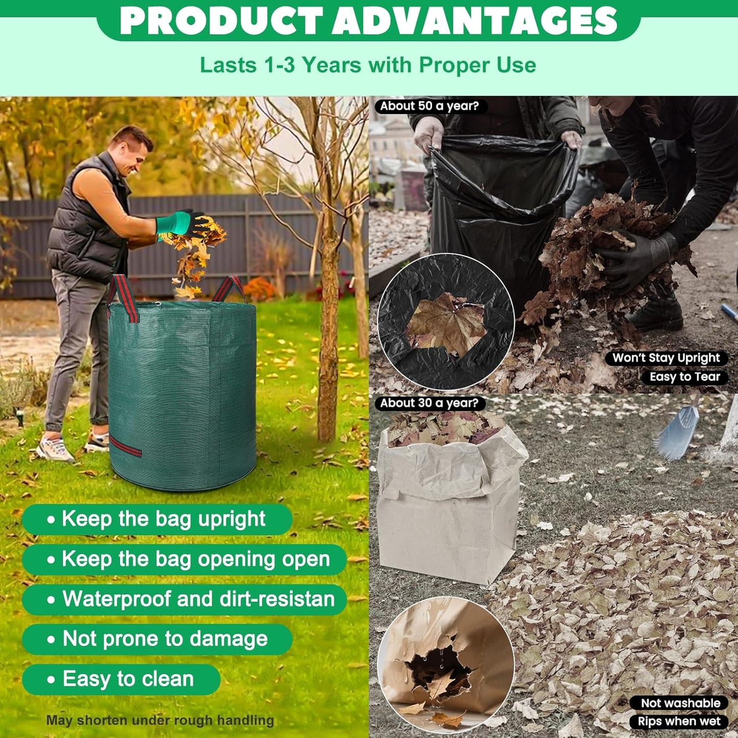 Reusable Yard Waste & Lawn and Leaf Bags with Gloves Pack - 72 & 32 Gallon Heavy Duty Lawn Trash Bags, Multi-Purpose: Garden Debris, Leaf Collection & Tool Storage, Collapsible for Easy Storage