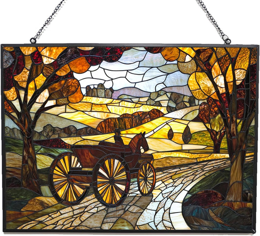 Personalized Rectangle Art Nouveau Carriage Road Suncatchers for Windows, Stained Glass Window