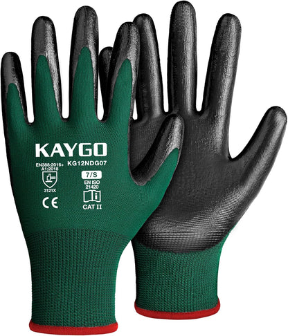 KAYGO Work Gloves Nitrile Coated, 12 Pairs KG12N，Seamless Knit, Protective Safety Work Gloves with Good Grip for General Work,Green, S