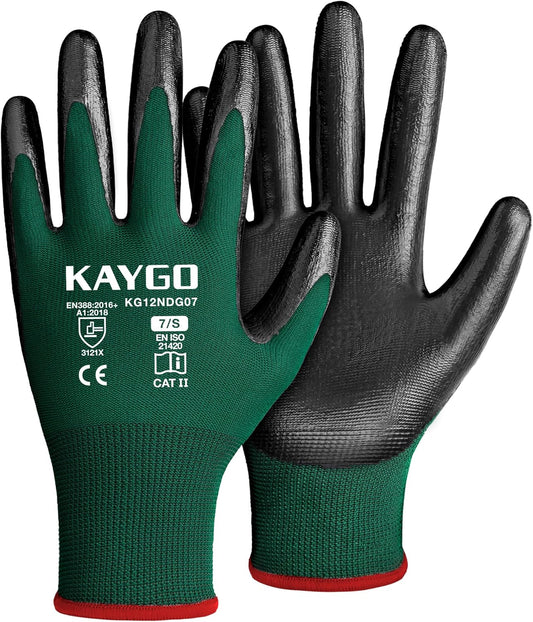 KAYGO Work Gloves Nitrile Coated, 12 Pairs KG12N，Seamless Knit, Protective Safety Work Gloves with Good Grip for General Work,Green, S