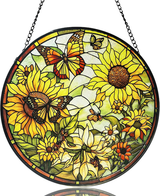 Sunflower Hanging Stained Glass for Windows,Hand-Painted Sun Catcher Garden Hangings, 9.8 inch