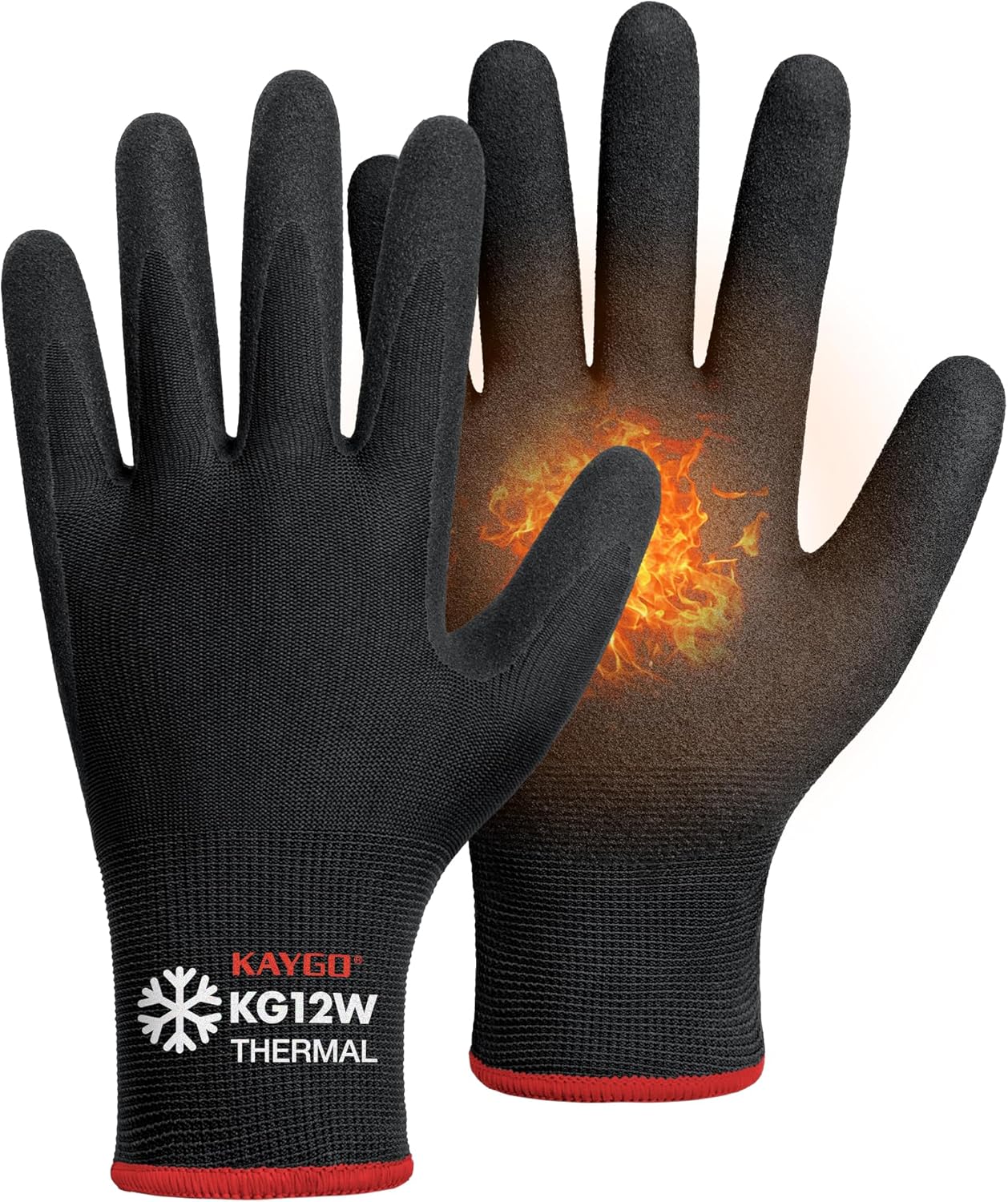 KAYGO 3 Pairs Winter Work Gloves for Men and Women, Thermal Insulated Safety Work Gloves Nitrile Coated, Super Grip on Palm & Fingers, Ideal for Freezer Work, KG12W Black, L