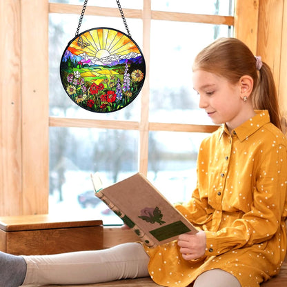 kdqua Sunshine Flower Suncatcher Stained Glass Window Hanging, Cottagecore Sunset Wildflower Sun Catchers Indoor Window Glass Round Wall Decor, Floral Wall Art Hanging Decorations Statues, 7.9x7.9in