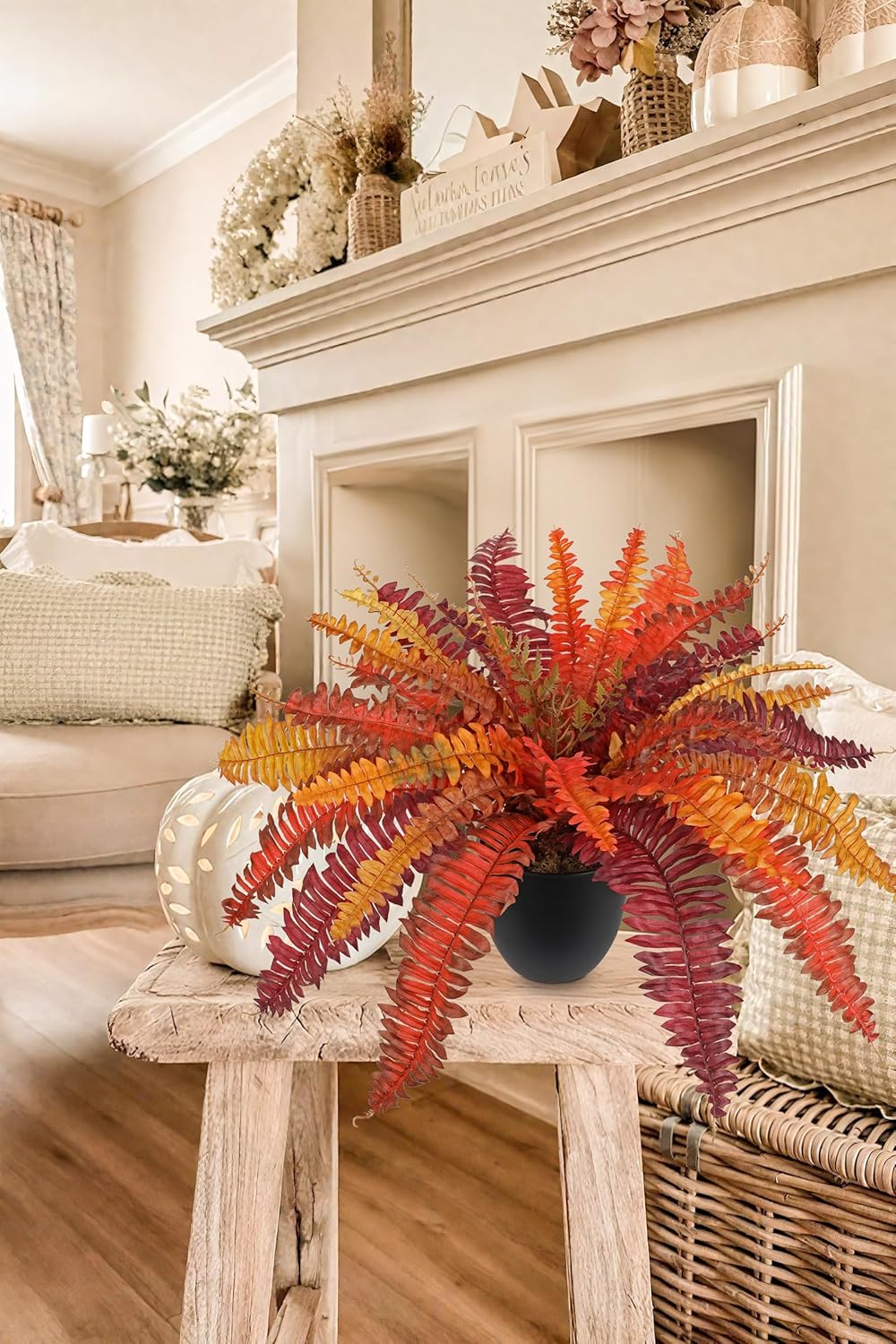 Hollyone Fake Boston Fern in Pot Fall Faux Fern Medium Potted Plant Medium Autumn Decor Plants Outdoor Indoor Autumn Boston Ferns Artificial Plants for Patio Garden Farmhouse Fall Decorations for Home