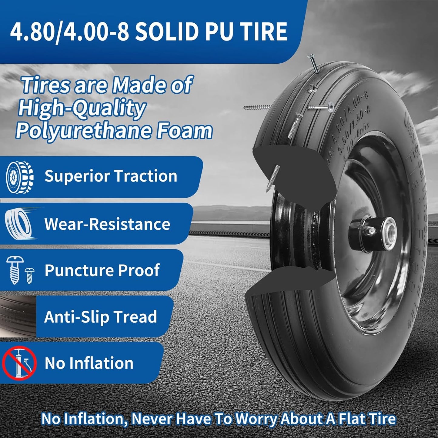 RRQ 4.80/4.00-8 Tire Flat Free, 14.5" Solid Wheelbarrow Tire with 3" Centered Hub and 3/4" Bearings(Comes with 5/8" ID Iron Tube Adapter), Universal Fit 4.80-8, 4.00-6, 3.50/2.50-8 Wheelbarrow Wheels