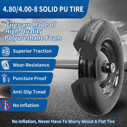RRQ 4.80/4.00-8 Tire Flat Free, 14.5" Solid Wheelbarrow Tire with 3" Centered Hub and 3/4" Bearings(Comes with 5/8" ID Iron Tube Adapter), Universal Fit 4.80-8, 4.00-6, 3.50/2.50-8 Wheelbarrow Wheels
