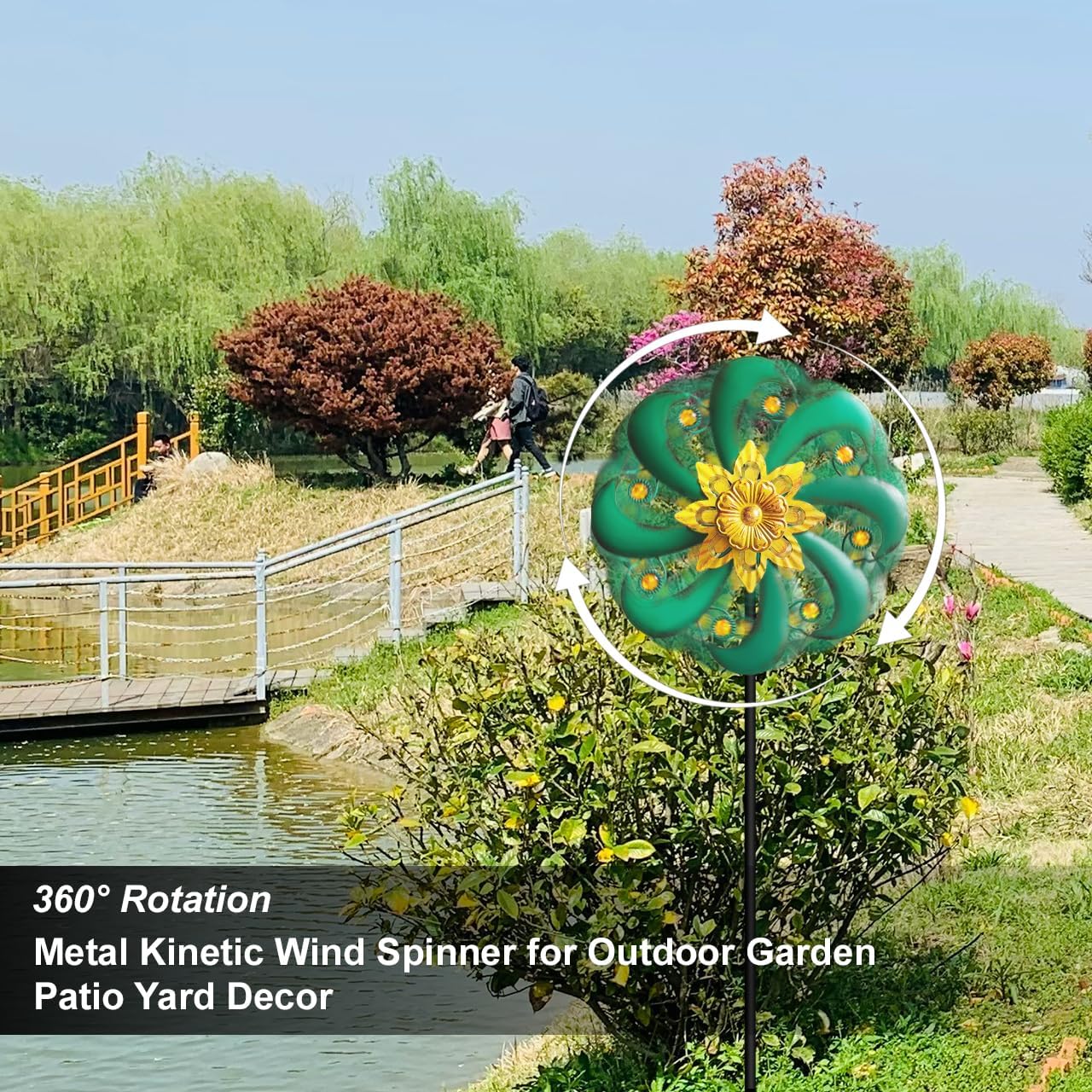 Flower Outdoor Metal Wind Spinner, Single-Layer Kinetic Garden Art with Vibrant Green Finish - Weatherproof Wind Sculpture for Lawn, Patio, Yard Decor - 10''W x 36''H