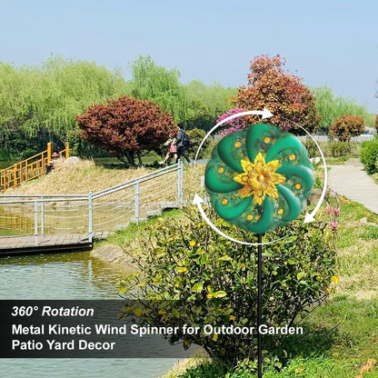 Flower Outdoor Metal Wind Spinner, Single-Layer Kinetic Garden Art with Vibrant Green Finish - Weatherproof Wind Sculpture for Lawn, Patio, Yard Decor - 10''W x 36''H