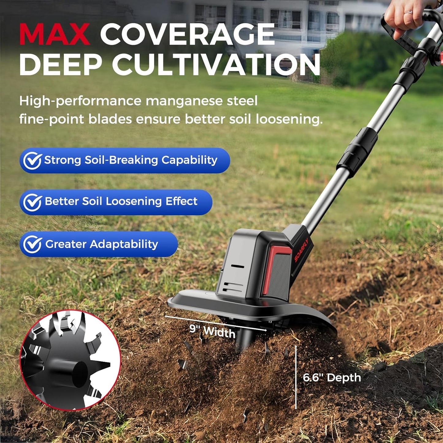 Cordless Electric Tiller for Gardening, Total 8.0Ah Battery Powered Mini Cultivator with 2×4.0AH Batteries & Charger, 9" Width, 6.6" Depth, 48 Steel Tines Rototiller for Soil Cultivation