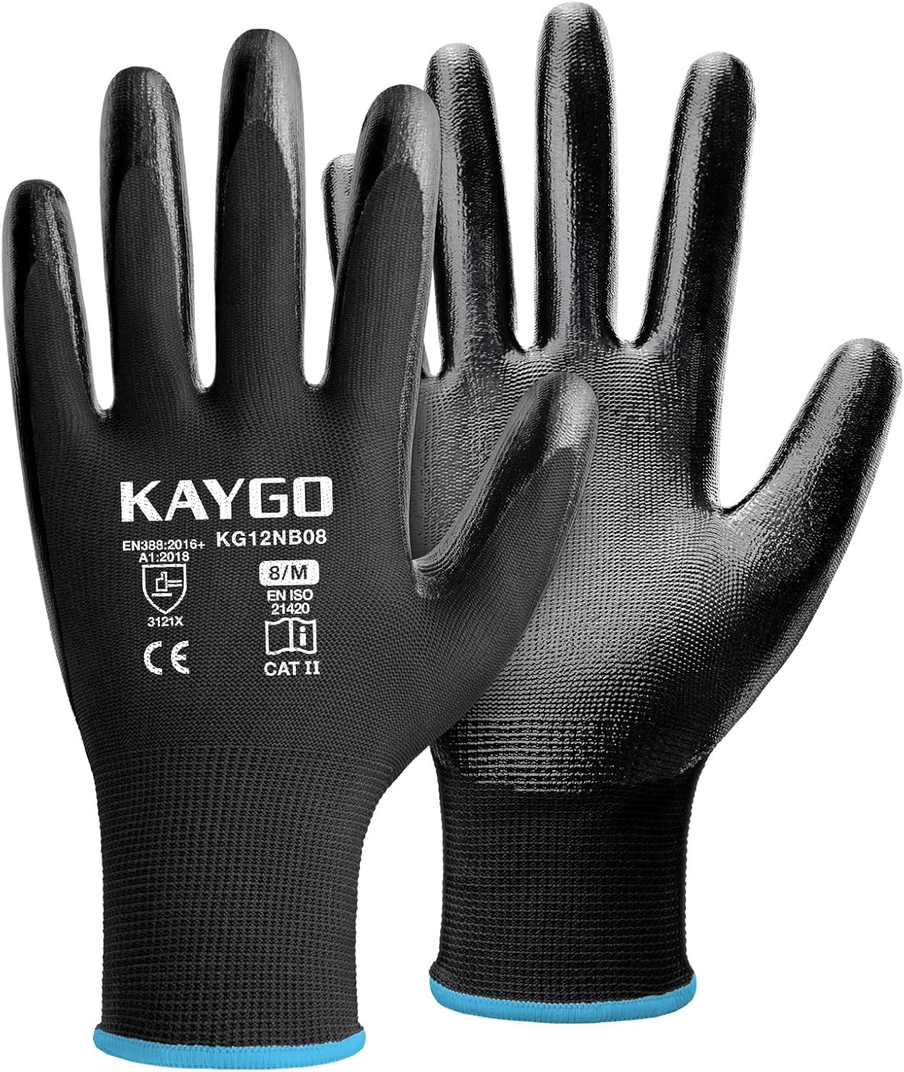 KAYGO Work Gloves Nitrile Coated, 12 Pairs KG12N，Seamless Knit, Protective Safety Work Gloves with Good Grip for General Work,Black,M