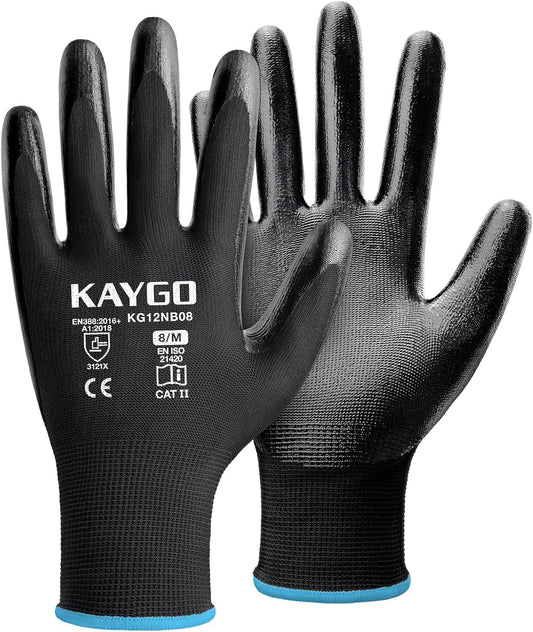 KAYGO Work Gloves Nitrile Coated, 12 Pairs KG12N，Seamless Knit, Protective Safety Work Gloves with Good Grip for General Work,Black,M