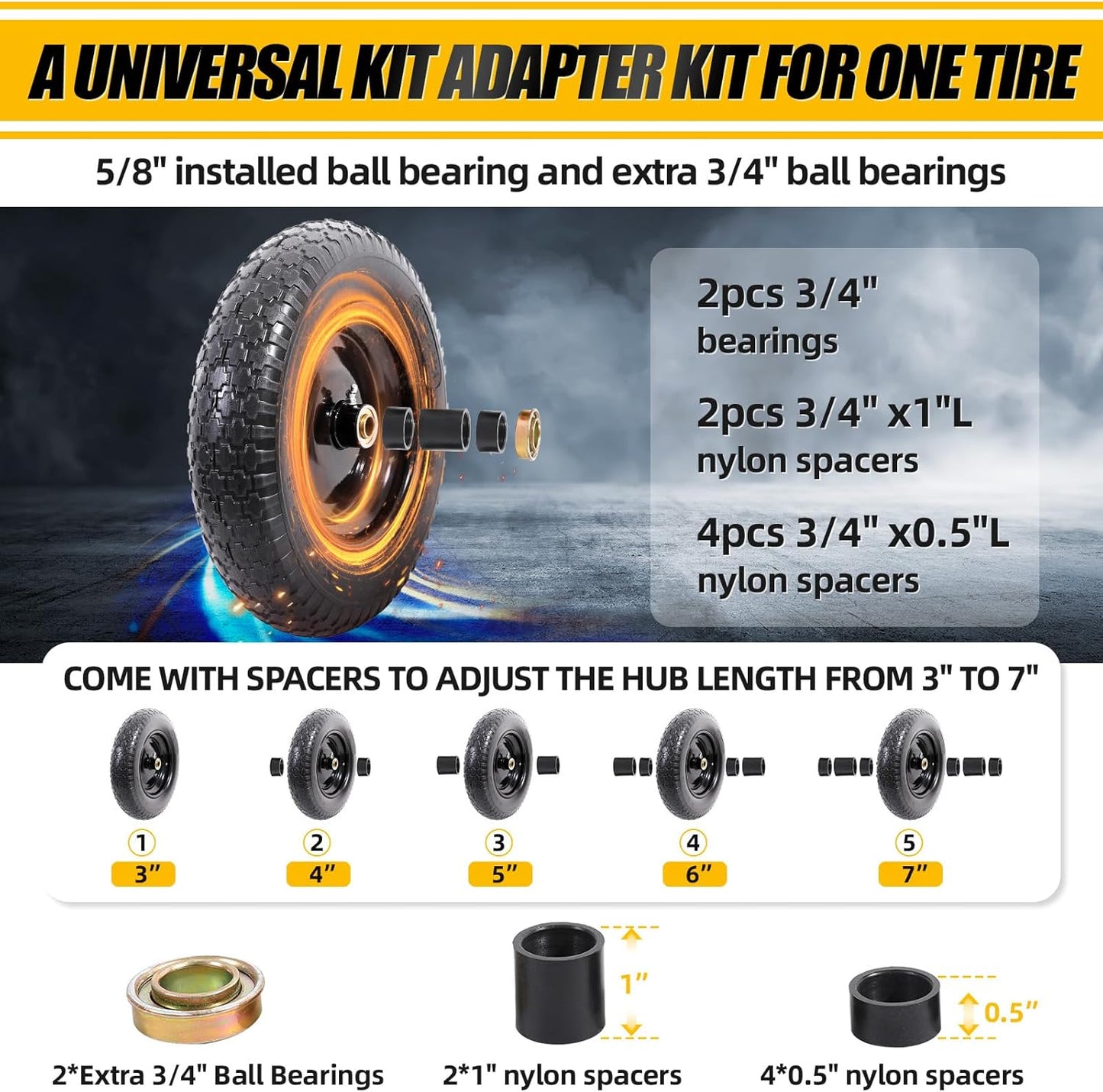 MZREXN 14.5" Wheelbarrow Tire Flat-Free 3.00/3.25/3.50/4.00-8" Solid Tire and Wheel with 3"-7" Centered Hub, 3/4" & 5/8" Bearings Replacement for Hand Truck/Dolly/Utility Cart/Garden Cart 2PCS Black