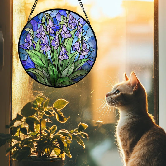 Stained Glass Suncatcher, Blue Purple Flowers Green Leaves Sun Catcher Plants Stain Glass Window