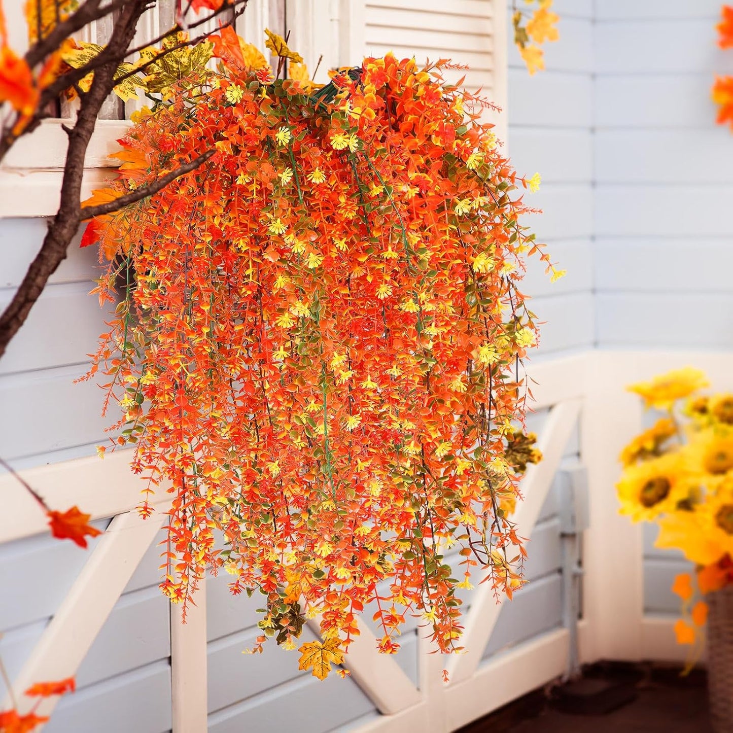 6 Pcs Artificial Fall Hanging Flowers Outdoor Silk Mum Plants Autumn Decor Faux Violet with Eucalyptus Realistic UV Resistant Trailing Vine Thanksgiving Porch Yard(Vivid Color,Eucalyptus)
