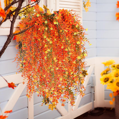 6 Pcs Artificial Fall Hanging Flowers Outdoor Silk Mum Plants Autumn Decor Faux Violet with Eucalyptus Realistic UV Resistant Trailing Vine Thanksgiving Porch Yard(Vivid Color,Eucalyptus)