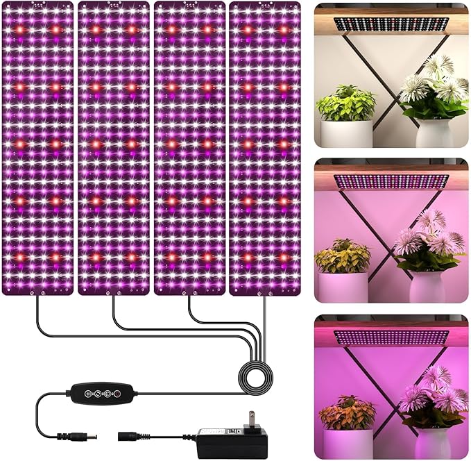 Grow Lights for Indoor Plants Full Spectrum, Kalolary 720 LEDs Grow Lights with 3/6/12H Timer, Thin Panel Growing Lamp with 5 Dimmable Levels, 3 Lighting Modes, for Greenhouse Plant Growth(4 Packs)