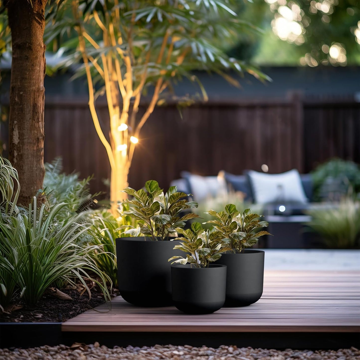 Kante 13",11",9" Dia Black Round Planters (Set of 3), Outdoor Indoor Modern Planter Pots, Lightweight, Weather Resistant, Seamless with Drainage Hole