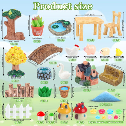 50 Pcs Fairy Garden Miniatures Accessories Bridge House Landscape Water Well Animal Fence Tree Sand Chair Table Pond Mushroom Lawn Ornament for DIY Craft Mini Garden Scenery Succulent Decor