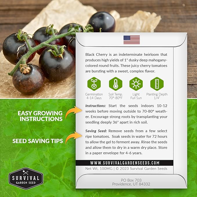 Black Cherry Tomato Seed for Planting - 2 Packets with Instructions to Plant & Grow Reddish-Purple Cherry Tomatoes in Your Home Vegetable Garden - Non-GMO Heirloom Variety - Survival Garden Seeds
