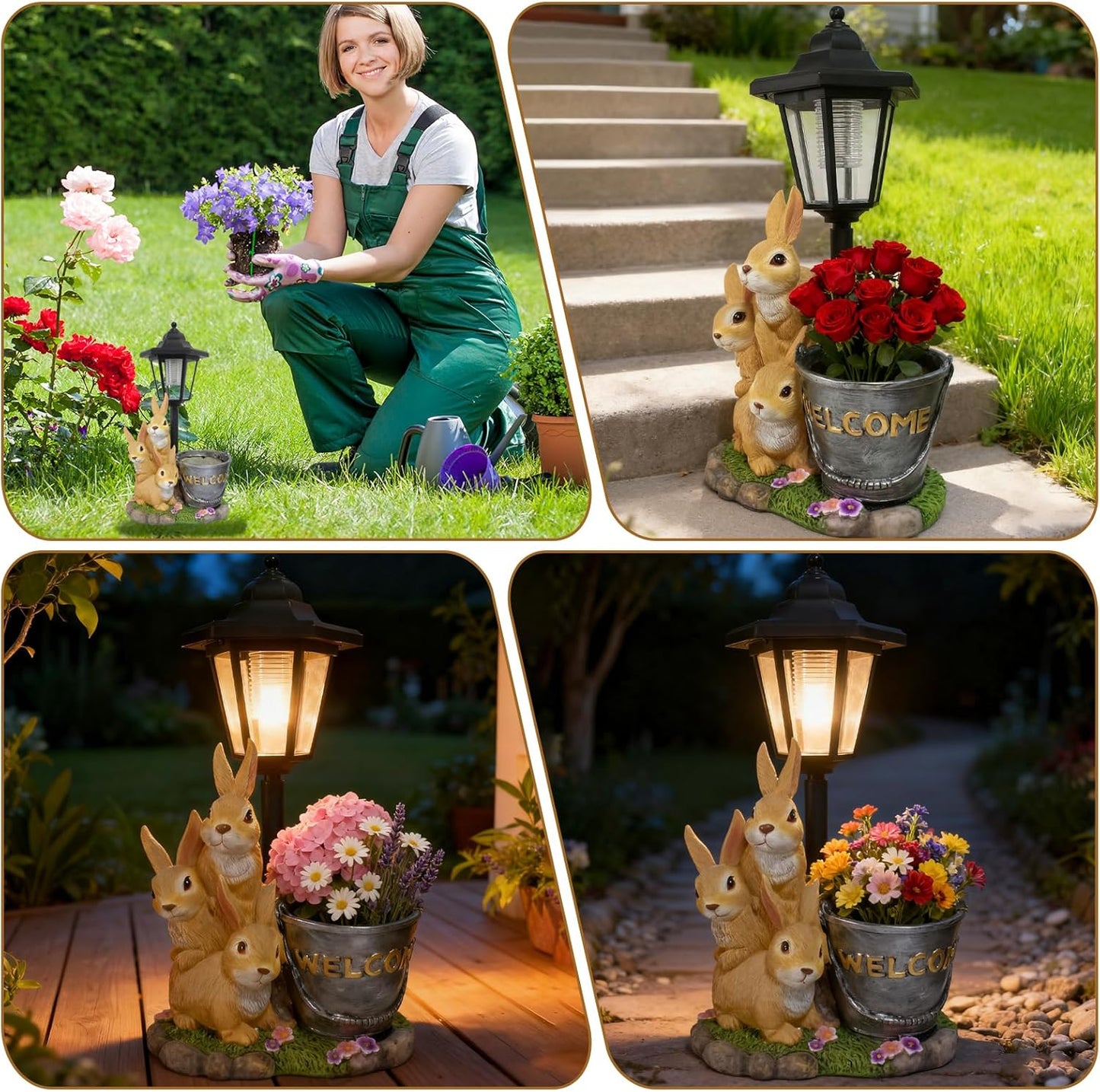 Outdoor Rabbit Garden Statues with Solar Lantern Flowerpot- Bunny Figurine Rabbit Decor for Home Lawn,Balcony Yard Art Garden Patio Decor,Unique Housewarming Birthday Gifts for Women Mom