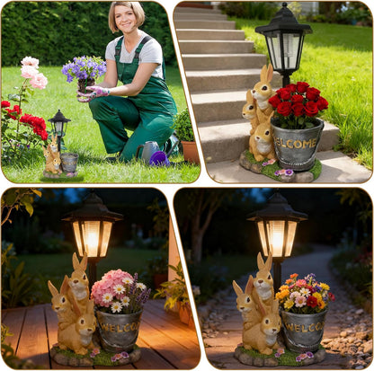 Outdoor Rabbit Garden Statues with Solar Lantern Flowerpot- Bunny Figurine Rabbit Decor for Home Lawn,Balcony Yard Art Garden Patio Decor,Unique Housewarming Birthday Gifts for Women Mom