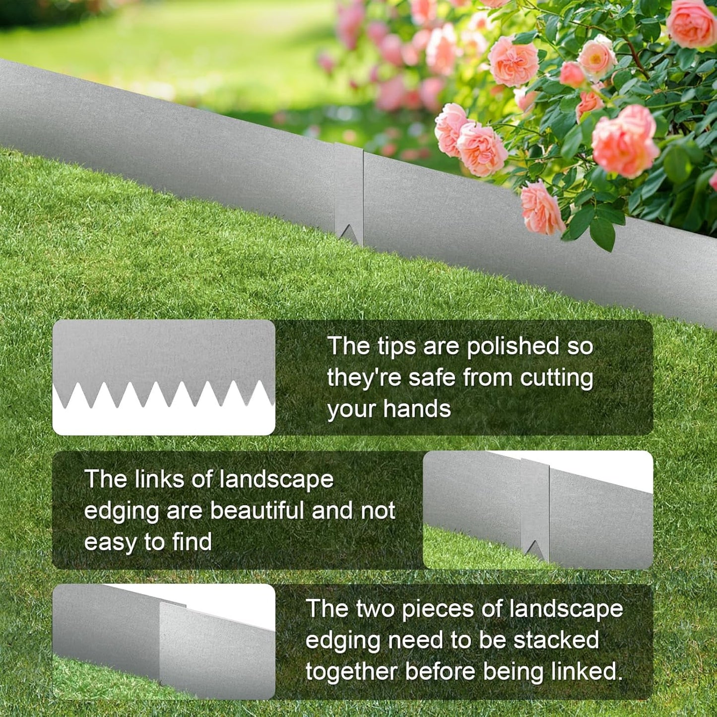Landscape Edging Kit, 13 INCH 6 PCS Galvanized Steel Edging Landscape Lawn Edging Powder for Lawn Yard, Coated Bendable Metal Strips, No-Dig Hammer-in Edging Border w/ 7Clips