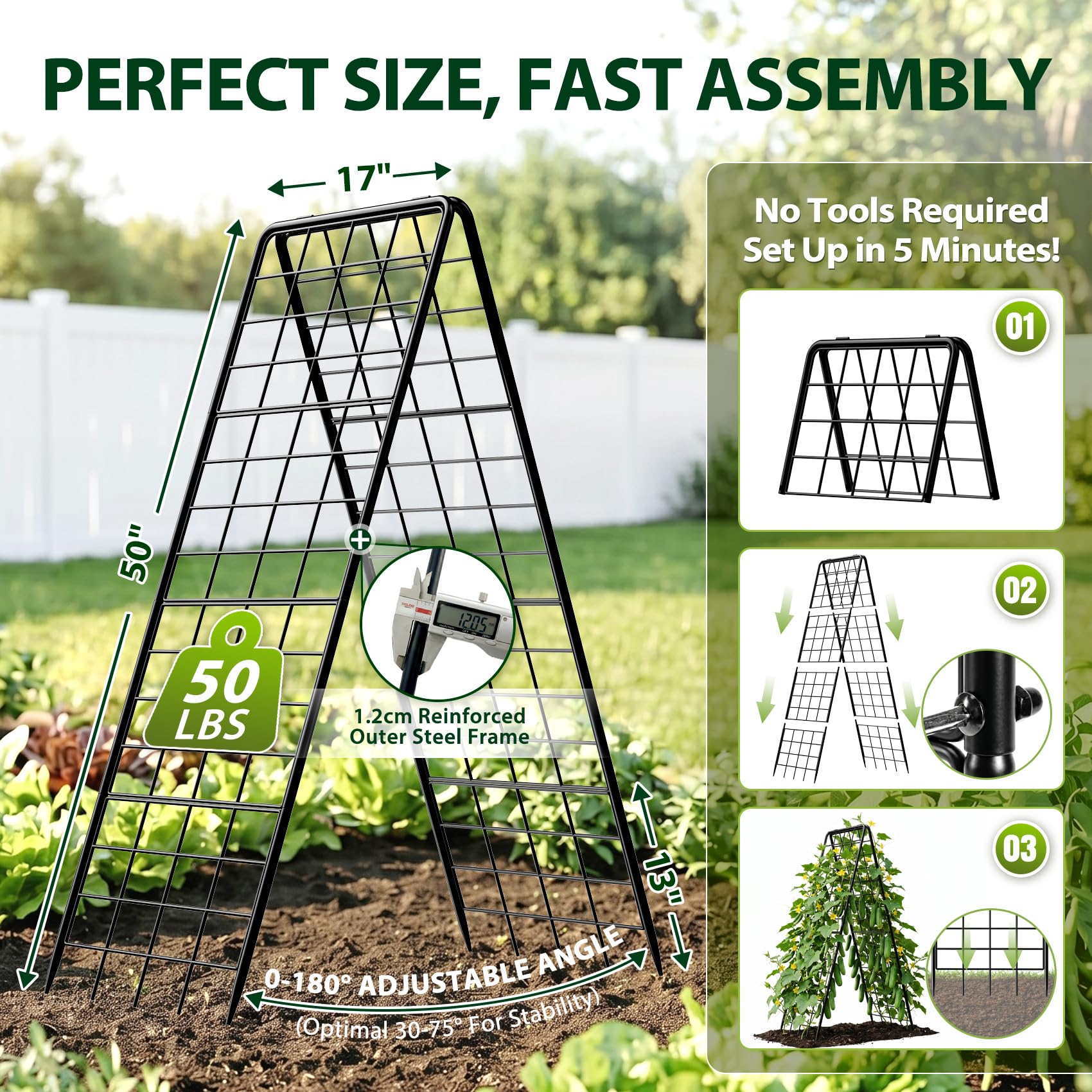 Heavy Duty 2 Pack 50"x17" Adjustable A-Frame Trellis for Climbing Plants Outdoor, Metal Rust-Proof