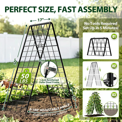 Heavy Duty 2 Pack 50"x17" Adjustable A-Frame Trellis for Climbing Plants Outdoor, Metal Rust-Proof