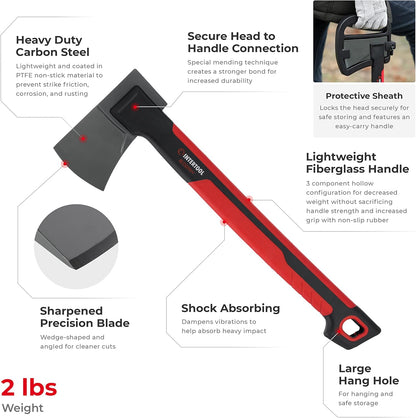 INTERTOOL Long Hatchet Camping Axe for Wood Chopping and Kindling - 18" Ax Tool for Splitting Firewood & Outdoor Survival, Gardening, Hiking with Shock Absorbing Anti-Slip Handle & Sheath - HT08-0292