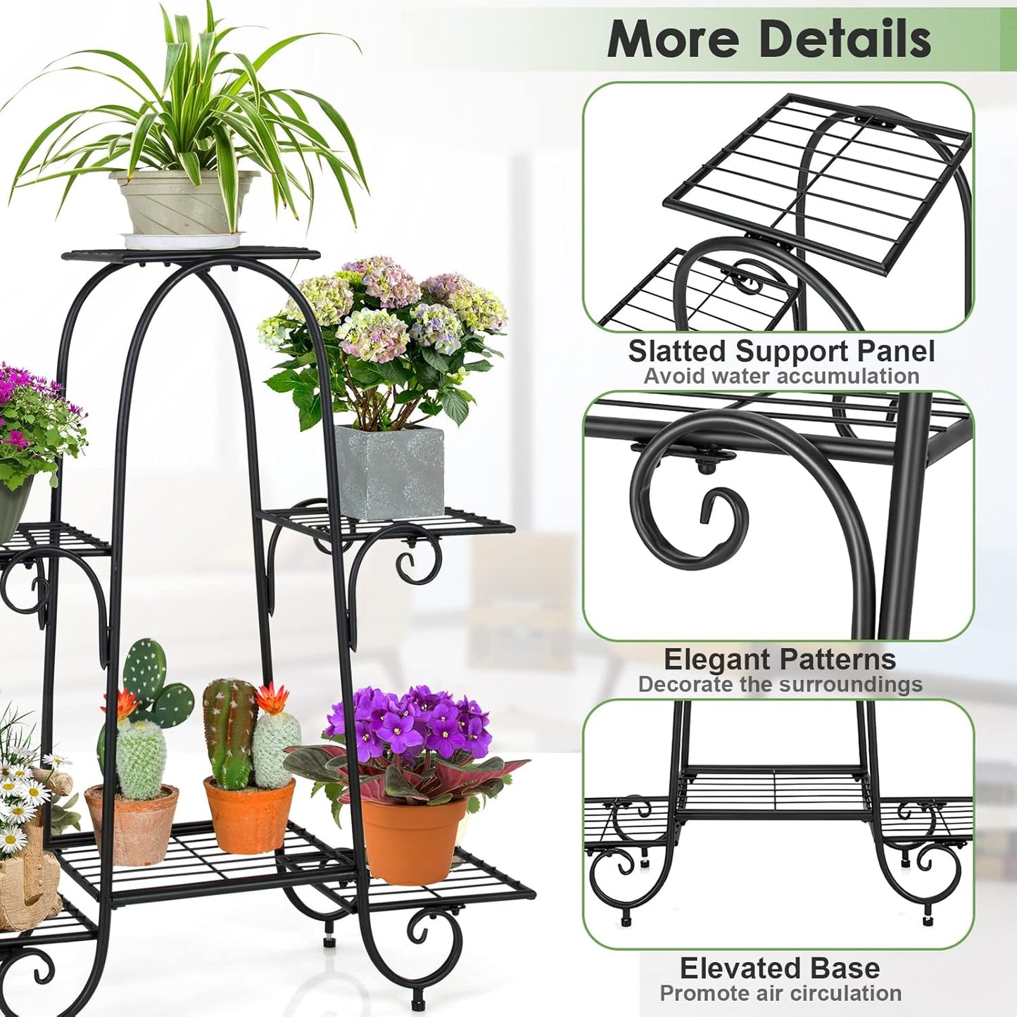 S AFSTAR 6-Tier Metal Plant Stand, Heavy-Duty Plant Display Stand Rack w/ Adjustable Footpads, Slatted Support Panel, Elevated Base, Decorative Flower Potted Holder Rack for Balcony, Living Room, Easy Assembly