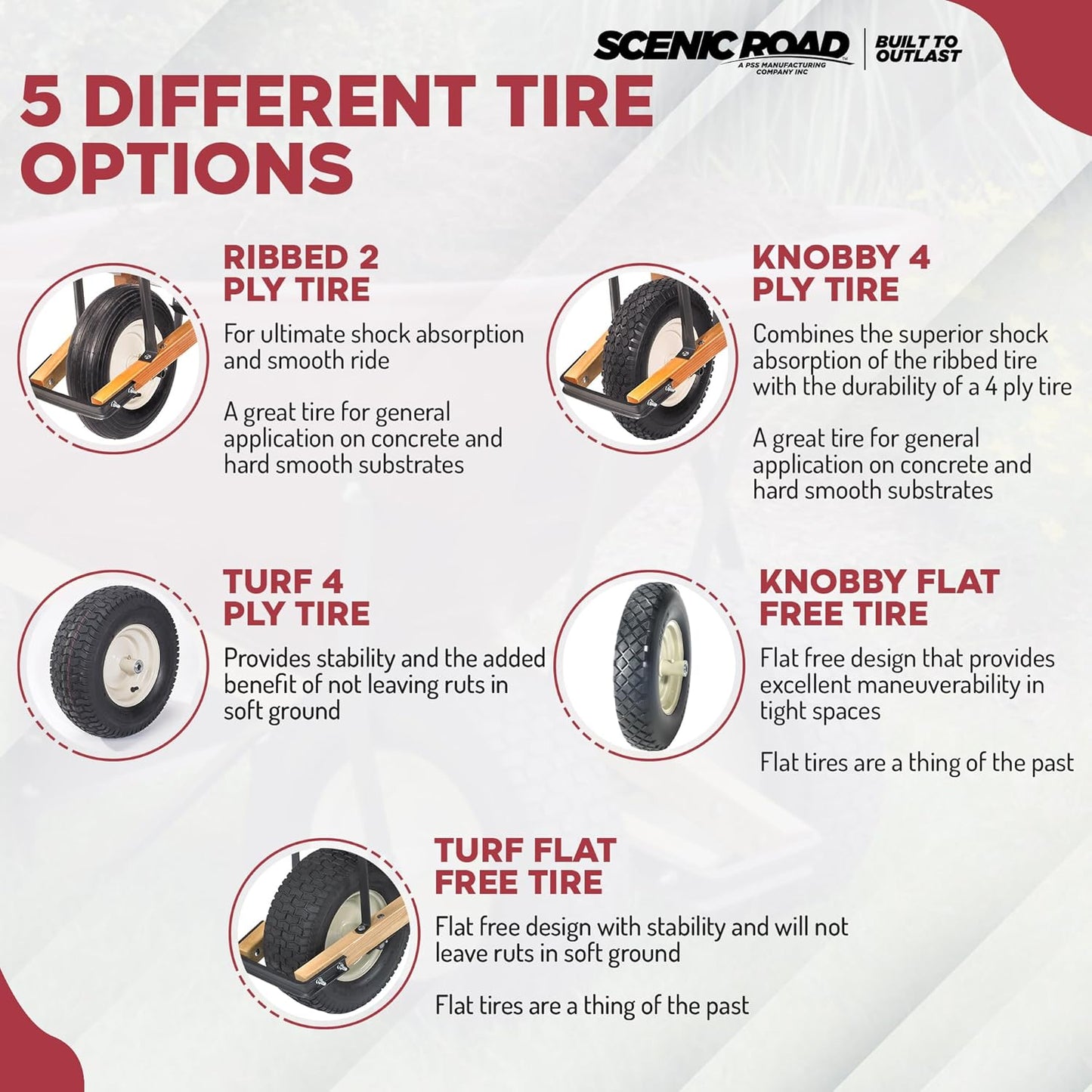 SCENIC ROAD Wheelbarrow Replacement Tire, 16" Wheel with Bearing and Grease Fitting, 4-Ply Turf Tire