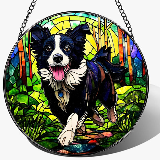 8″ Stained Glass Window Hanging Ornament, Border Collie Stained Glass Suncatcher Ornament