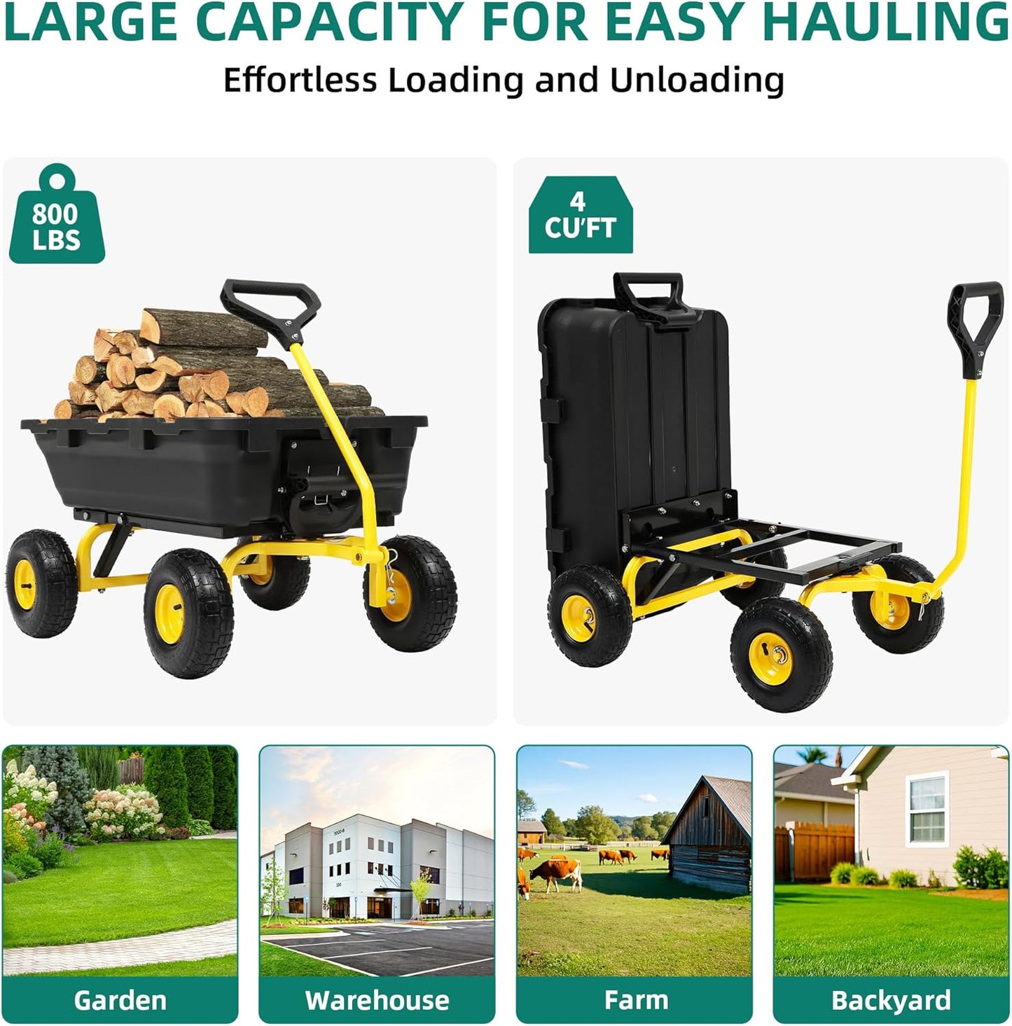 800lb Garden Dump Cart,Utility Wagon Wheelbarrows with Quick-Release System&4 Pneumatic Tires,Heavy Duty Yard Dump Wagon with Steel Frame for Yard,Farm,Garden and Christmas Hauling (Yellow)