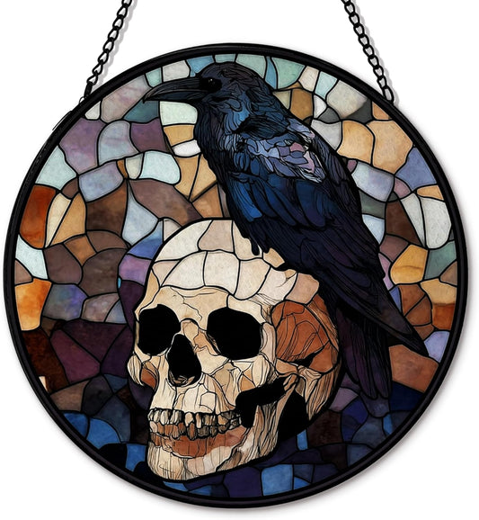 Black Raven Halloween Suncatcher Stained Glass Window Hanging, Gothic Skull Black Crow Sun Catchers
