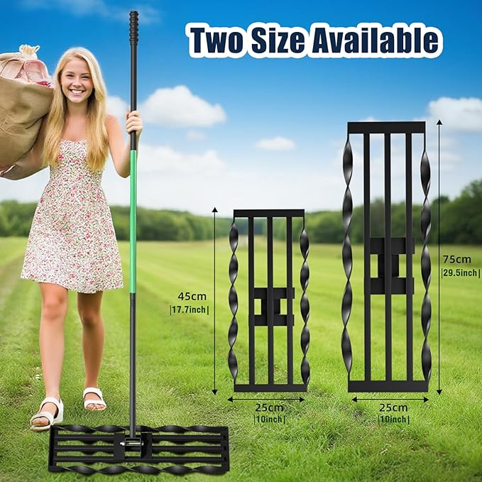 Lawn Leveling Rrakes (17x10 inch),Lawn Leveling Tool ,Spiral Patented Design with a 72" Handle rake, Suitable for backyards, Gardens, Golf Courses, Farms, Pastures