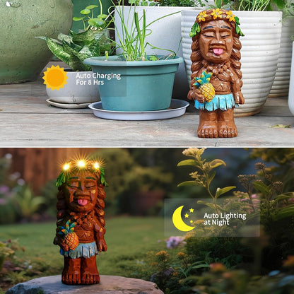Solar Tiki Girl Garden Statues Tiki Lady Holding Pineapple Figurine with Flower LED Lights Bar Patio Porch Yard Outdoor Decorations Christmas Thanksgiving Birthday Gardening Gift for Mom Women