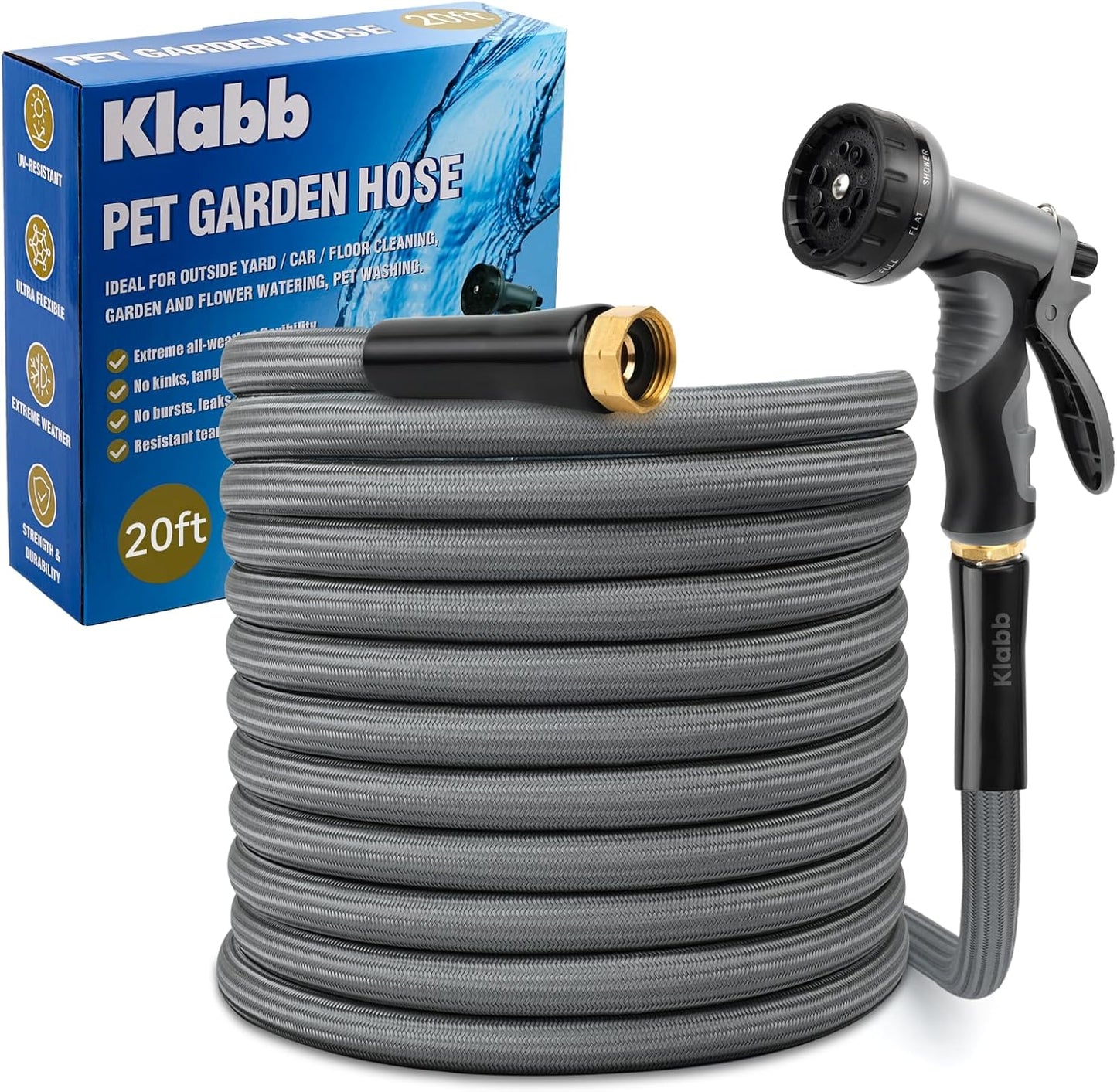 KLABB 20FT Garden Hose 5/8" with Solid Brass Connectors & 10-Function Nozzle – Lightweight Flexible PET Steel Hose, No-Kink, Rustproof & Leak-Free for Garden, Driveway, Patio & Outdoor Cleaning