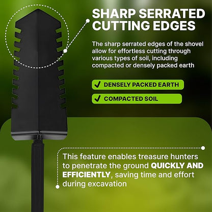 CKG Metal Detecting Shovel Digging Tool with Double Serrated Blade – Heavy Duty Digger Garden Root Cutter T-Handle Spade Professional Metal Detector Accessories, Single