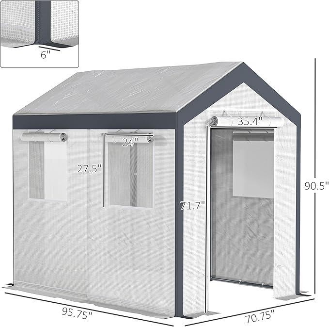 Outsunny 8' x 6' x 7' Walk-in Greenhouse, Outdoor Garden Warm Hot House with 4 Roll-up Windows, 2 Zippered Doors and Weather Cover, White