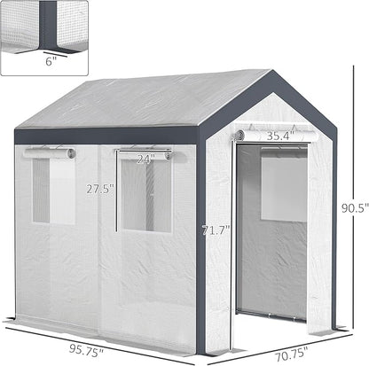 Outsunny 8' x 6' x 7' Walk-in Greenhouse, Outdoor Garden Warm Hot House with 4 Roll-up Windows, 2 Zippered Doors and Weather Cover, White