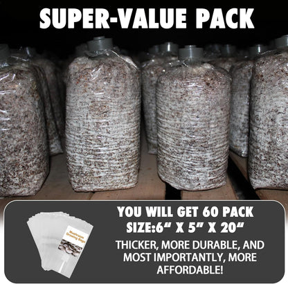TonGass 60-Pack Autoclavable Mushroom Grow Bags Bulk with Microporous Filter Patchs - Large 6"x5"x20" Extra Thick 80 Micron (=3 Mil)| Mushroom Cultivation Spawn Supply Myco Bag Bulk Substrate Bags