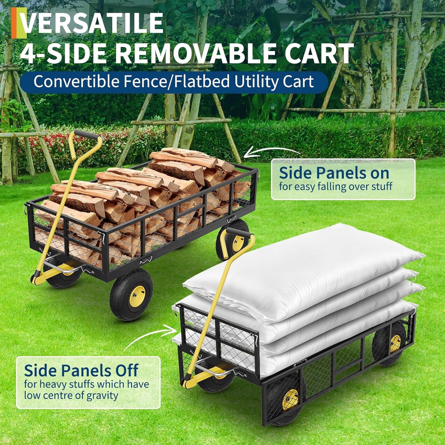 GarveeLife 900 LBS Garden Dump Cart with Removable Sidewalls, Heavy Duty Steel Dump Wagon with 180° Swivel Handle & 10 in Tires, Yard Cart Utility Wheelbarrow for Backyard Farm